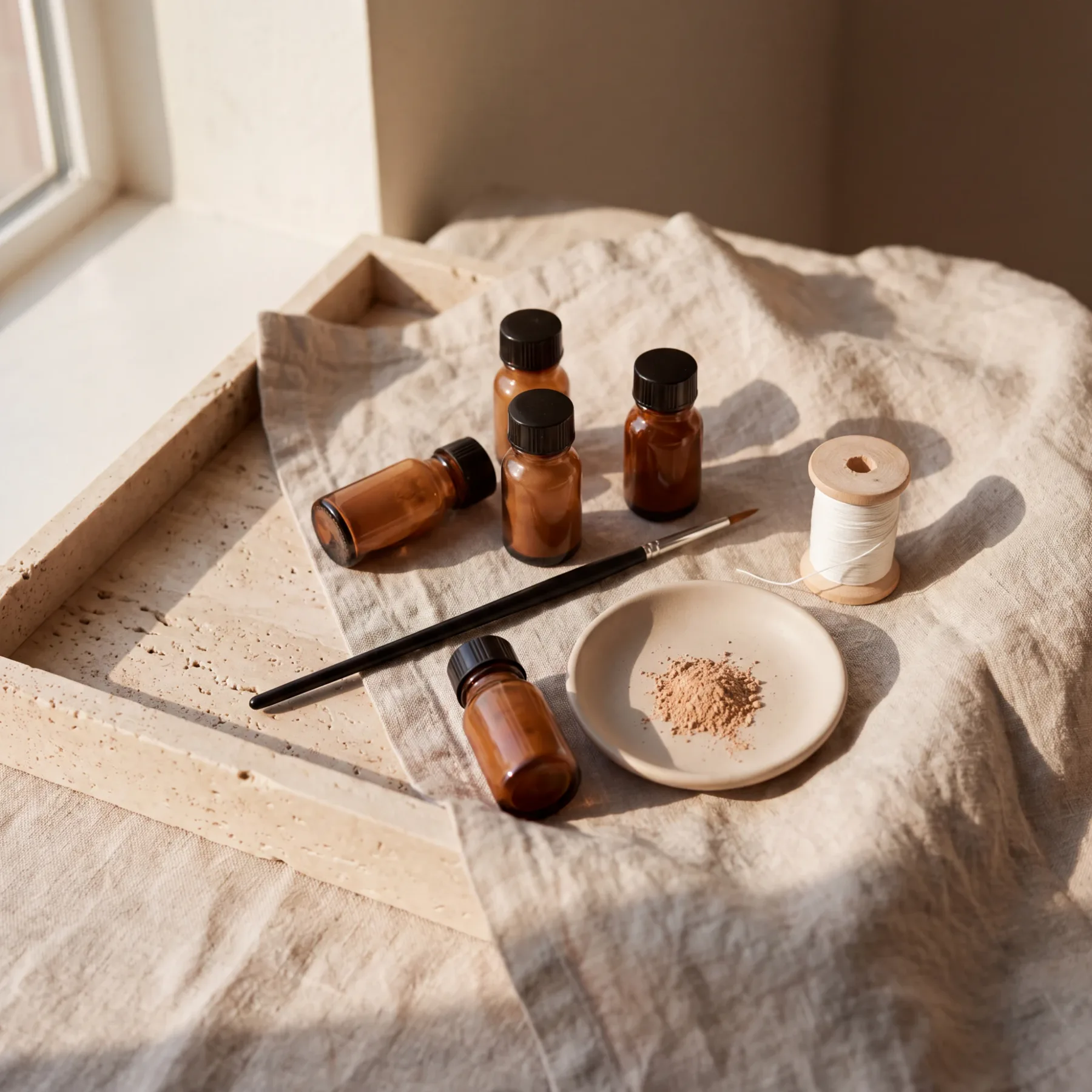 Pigment bottles, a fine brush and mapping thread on a travertine tray